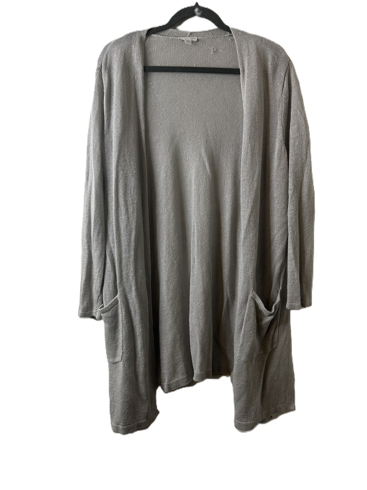 J.JIll Womens Cardigan Plus Size 1X Gray Open Front Knit Pockets 100% Linen